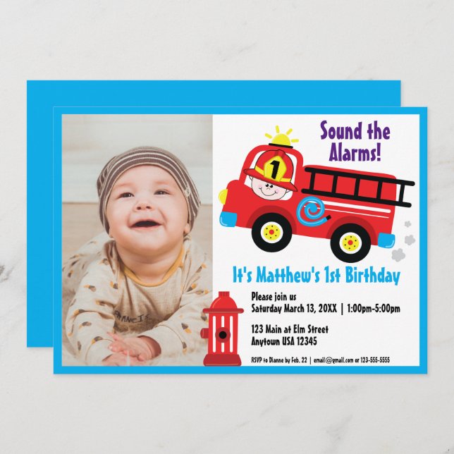 Red Fire Truck Happy Fireman Cute Cartoon Drawing Invitation (Front/Back)