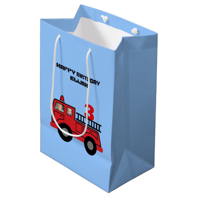 Red Fire Truck Kid's Birthday Photo Custom Medium Gift Bag (Front Angled)