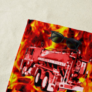Red Fire Truck Oil Paint, Beach Towel