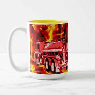 Red Fire Truck Oil Painting, Two-Tone Coffee Mug