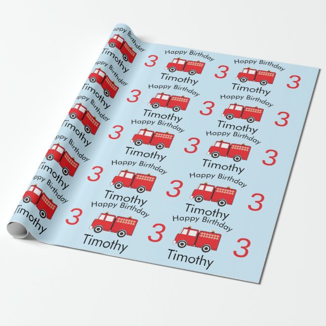Red Fire Truck Pattern Boy's Name & Age Birthday Wrapping Paper (Unrolled)