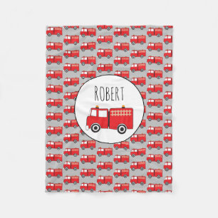 Red Fire Truck Pattern Customised Boys Name Fleece Blanket