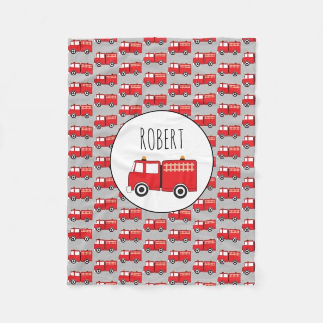Red Fire Truck Pattern Customised Boys Name Fleece Blanket (Front)