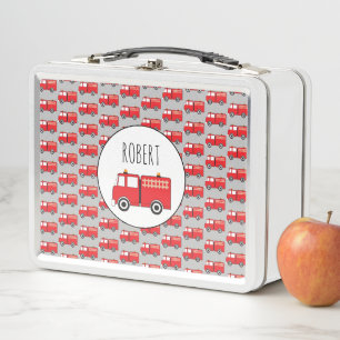 Red Fire Truck Pattern Customised Boys Name  Metal Lunch Box