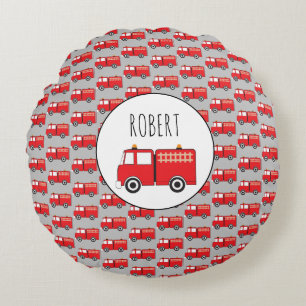 Red Fire Truck Pattern Customised Boys Name Round Cushion