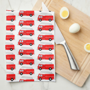 Red Fire Truck Pattern Tea Towel