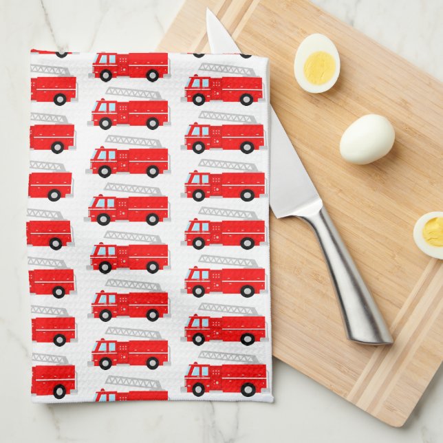Red Fire Truck Pattern Tea Towel (Quarter Fold)