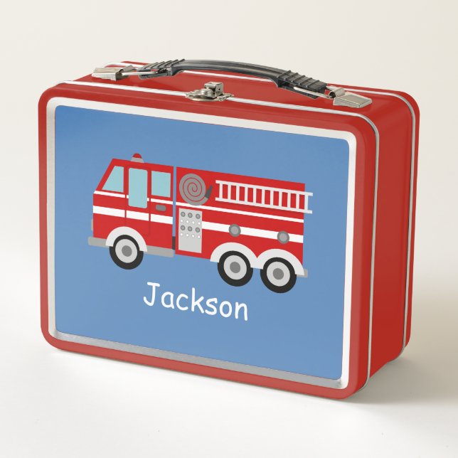 Red Fire Truck Personalised Kids Metal Lunch Box (Front)