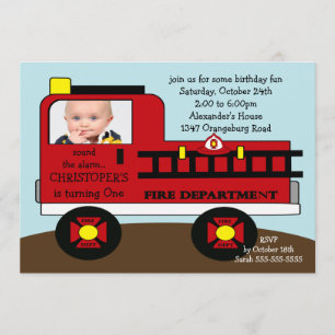 Red Fire Truck Photo Birthday Party Invitation