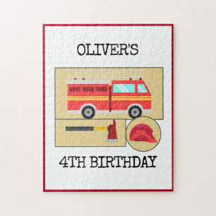 Red Fire Truck   Theme Kids Birthday Party Poster Jigsaw Puzzle