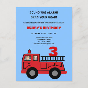 Red Fire truck two photo Birthday Party Invitation Postcard