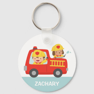 Red Fire Truck with Fire fighter Boy and Puppy Key Ring