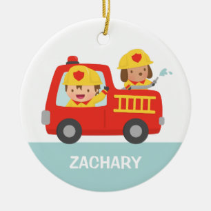 Red Fire Truck with Fire fighter Boys Room Decor Ceramic Tree Decoration