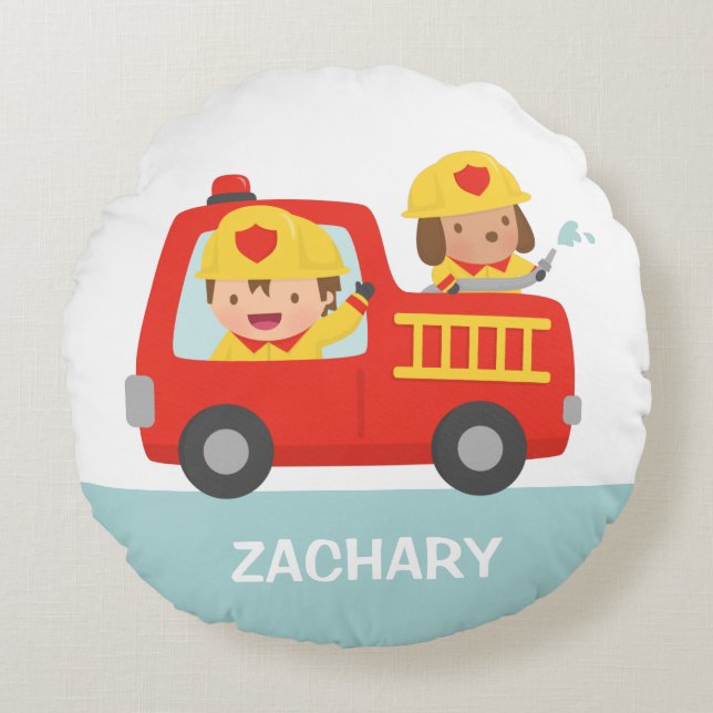 Red Fire Truck with Fire fighter Boys Room Decor Round Cushion (Front)