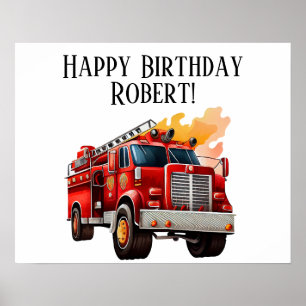 Red Firetruck Child's Happy Birthday Name Poster
