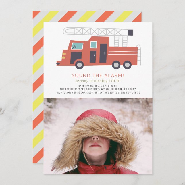 Red Firetruck Firefighter Boy Photo Birthday Invitation (Front/Back)