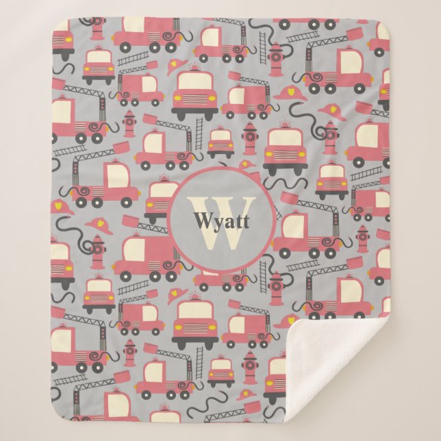Red Firetrucks Firefighter Kids Personalised Sherpa Blanket (Front)