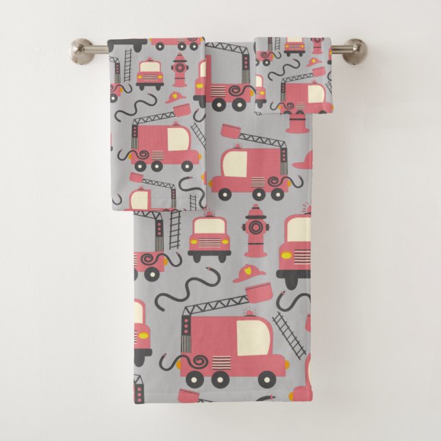 Red Firetrucks Firefighter Kids Rescue Vehicles Bath Towel Set (Insitu)