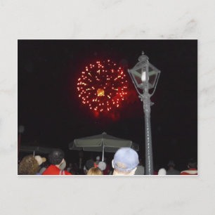 Red Fireworks Celebration with Lamppost Image Invitation Postcard
