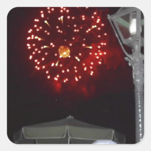 Red Fireworks Celebration with Lamppost Image Square Sticker