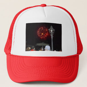 Red Fireworks Celebration with Lamppost Image Trucker Hat