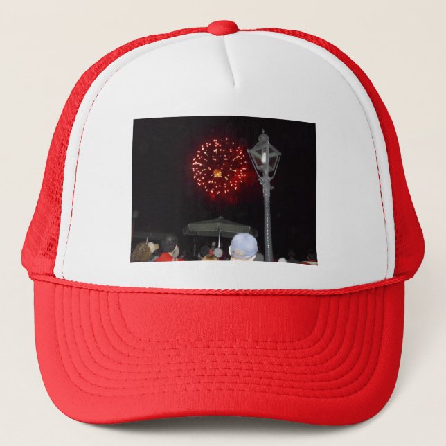Red Fireworks Celebration with Lamppost Image Trucker Hat (Front)