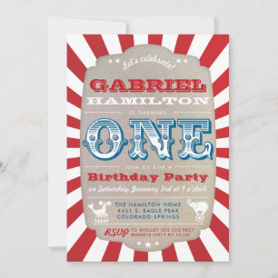Red First Birthday Vintage Circus Carnival Invitation