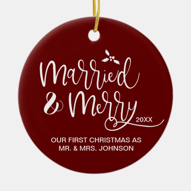 Red First Christmas Married and Merry Photo  Ceramic Ornament (Front)