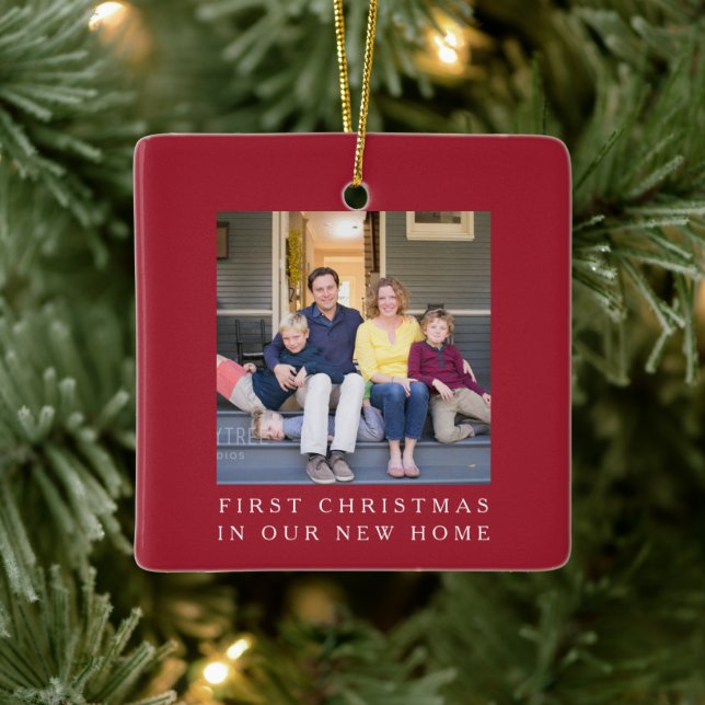 Red First Christmas New Home Photo Ceramic Ornament (Tree)