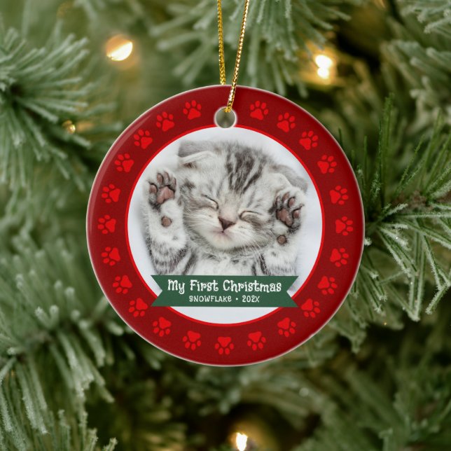 Red First Christmas Pet Kitten Photo Paws Custom Ceramic Ornament (Tree)