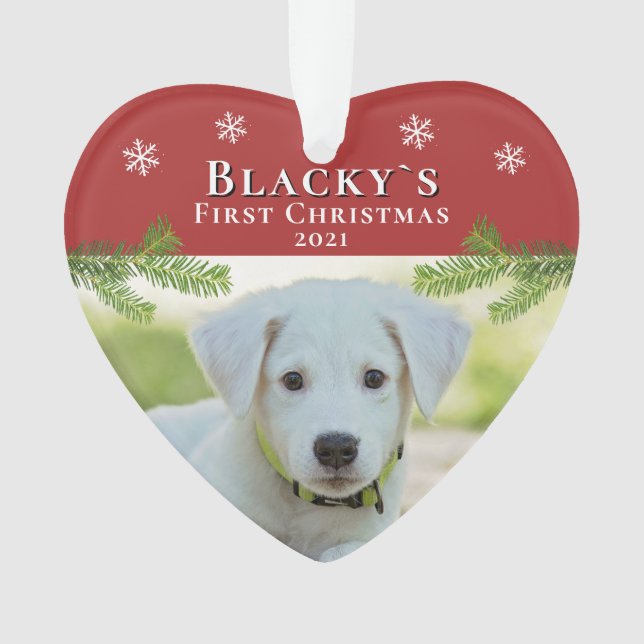 Red First Christmas Puppy Christmas Photo Ornament (Front)