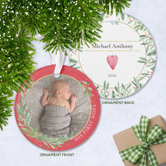 Red "First Noel" Christmas Greenery Baby Photo Ornament (Creator Uploaded)