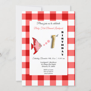 Red Fish & Gingham Gold Balloon 1st Birthday Invitation