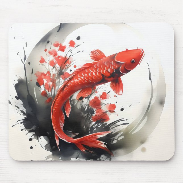 Red Fish Ink Painting Mouse Pad (Front)