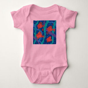 Red Fish, Seaweed Sea Ocean Animals Underwater Art Baby Bodysuit