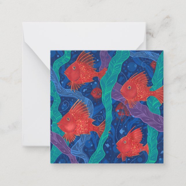 Red Fish, Seaweed Sea Ocean Animals Underwater Art Card (Front)