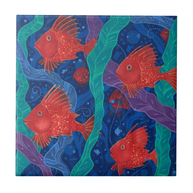Red Fish, Seaweed Sea Ocean Animals Underwater Art Ceramic Tile (Front)