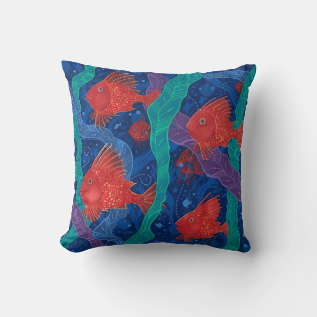 Red Fish, Seaweed Sea Ocean Animals Underwater Art Cushion (Front)
