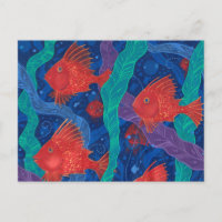 Red Fish, Seaweed Sea Ocean Animals Underwater Art