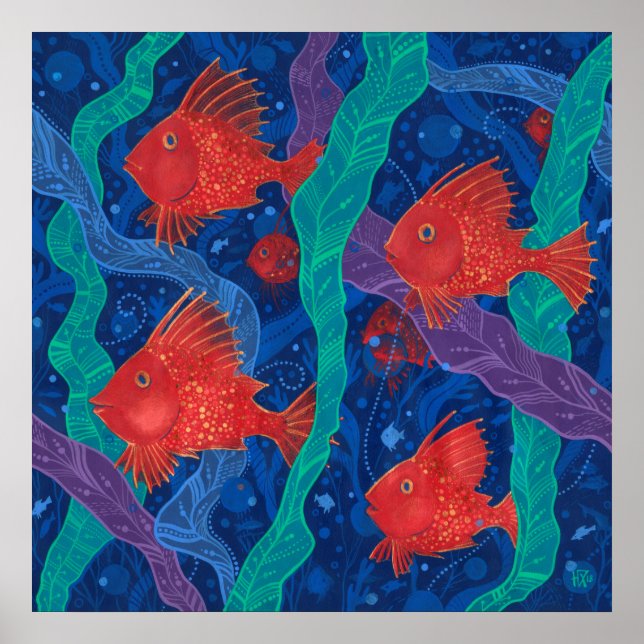 Red Fish, Seaweed Sea Ocean Animals Underwater Art Poster (Front)