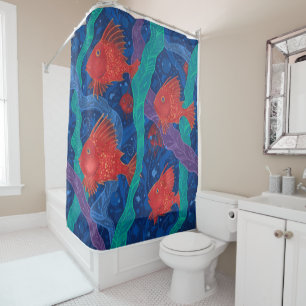 Red Fish, Seaweed Sea Ocean Animals Underwater Art Shower Curtain