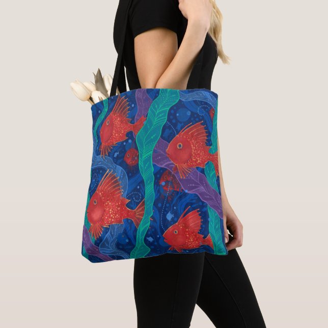 Red Fish, Seaweed Sea Ocean Animals Underwater Art Tote Bag (Close Up)
