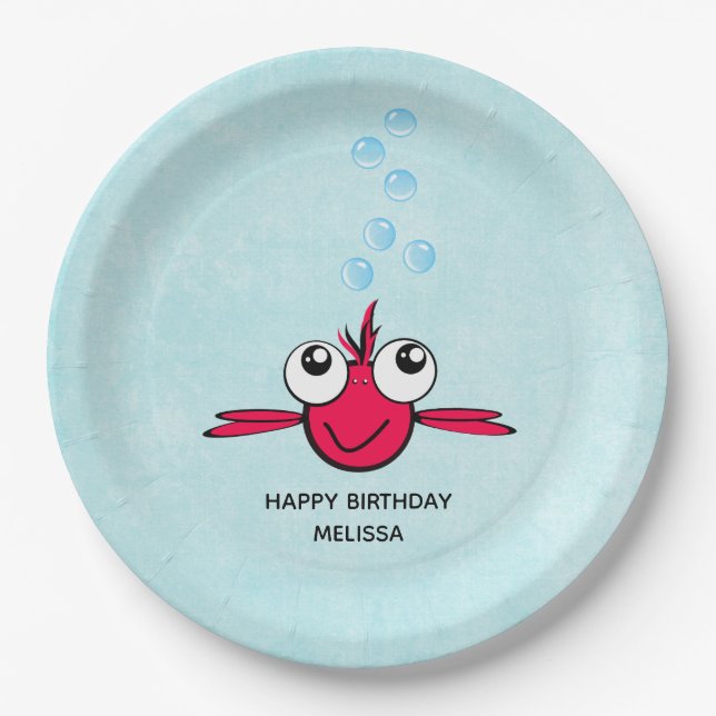 Red Fish with Big Eyes Cartoon Illustration Paper  Plate (Front)