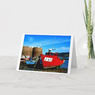 Red fishing boat in Bonne Nuit harbour Holiday Card