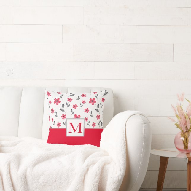 Red Five Petal Watercolor Flower Pattern Cushion (Couch)