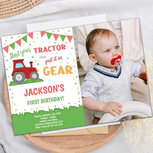 Red Flags Tractor Birthday Invitations w Photo (Red Flags Tractor Birthday Invitations w Photo)