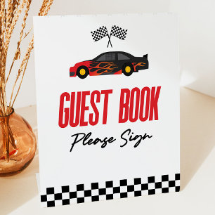 Red Flame Race Car Guest Book Party Pedestal Sign