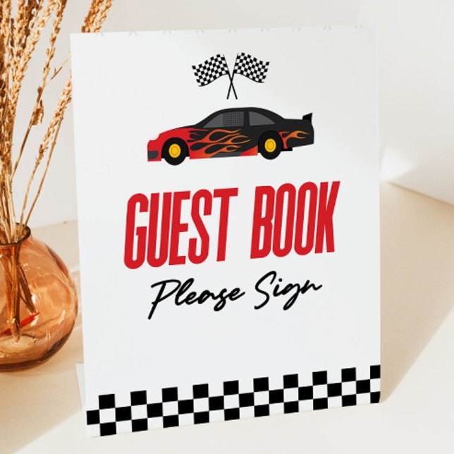 Red Flame Race Car Guest Book Party Pedestal Sign (Creator Uploaded)