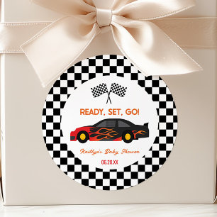 Red Flame Race Car Ready Set Go Baby Shower Favour Classic Round Sticker