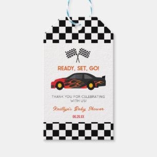 Red Flame Race Car Ready Set Go Baby Shower Gift Tags